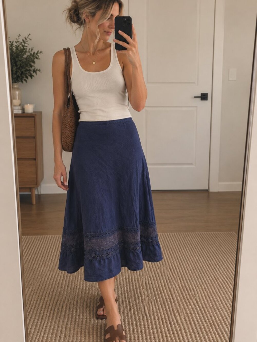 Jones New York Petite Silk Linen Navy Midi Skirt Womens 10P Lace Trim